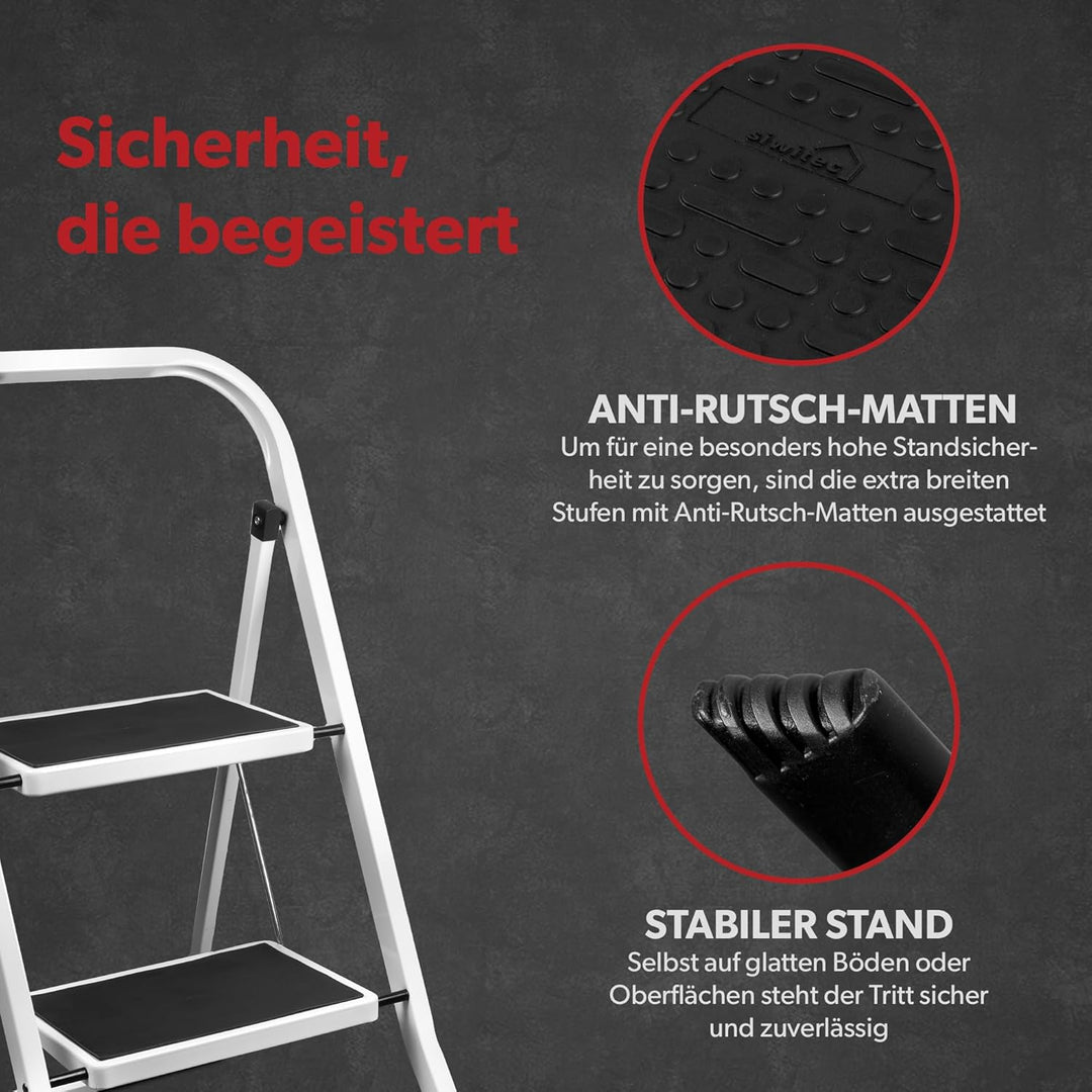 siwitec Klapptritt aus Stahl mit 2 Stufen, Weiss, kleine Leiter mit Anti-Rutschmatten, 150 kg Tragla