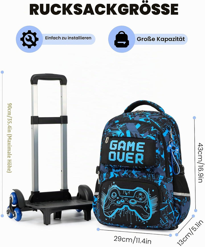 Amythe Schulrucksack mit Rollen für Jungen, Grosser Leuchtstoff Trolley-Rucksack mit 6 Räder, Wasser