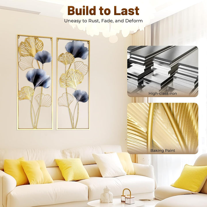 kangten 2 STÜCKE Ginkgoblätter 3D Metall Wanddekoration Wall Picture Wohnzimmerdekor Goldene Ginkgo-