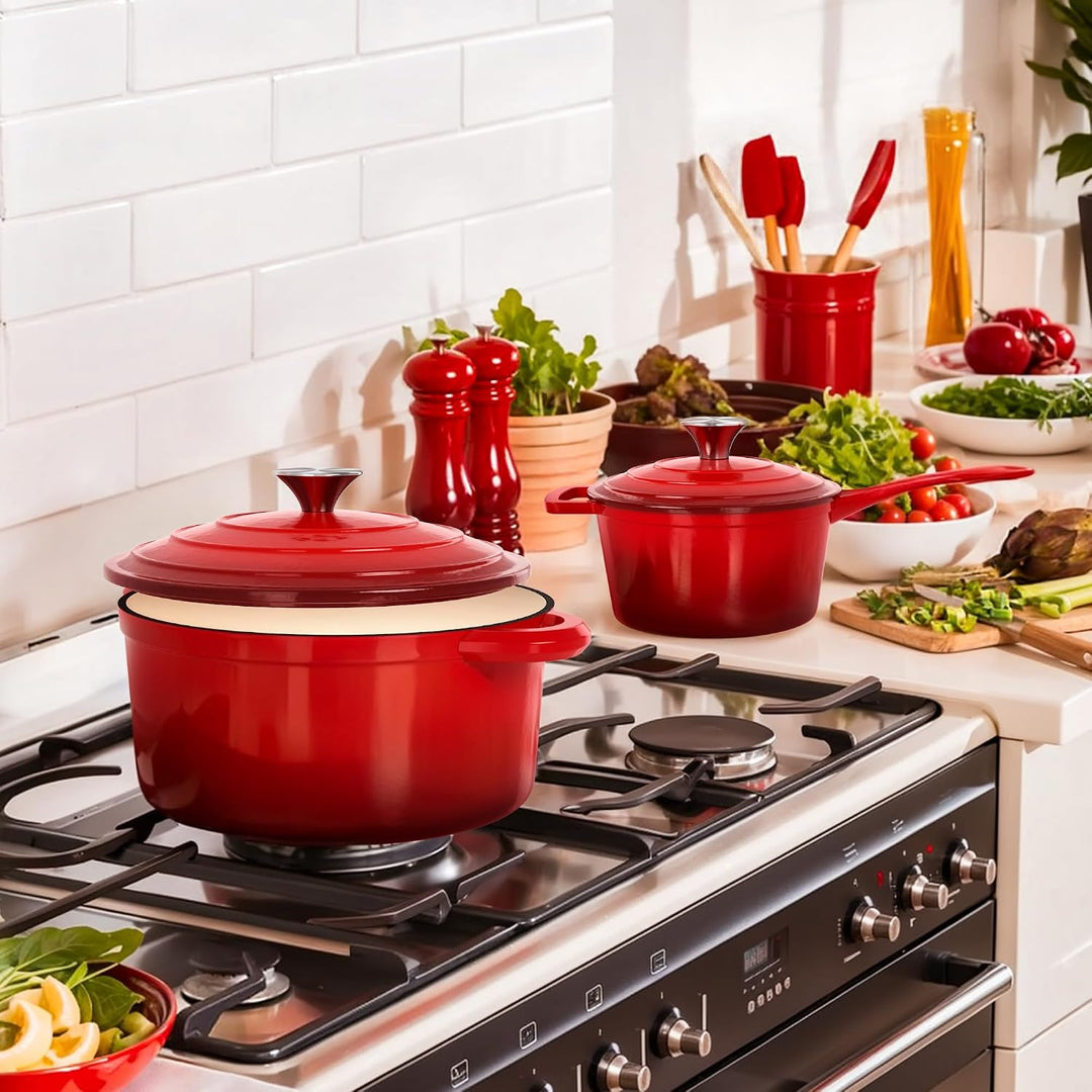 Kitchen Academy 7-teilig Emailliert Gusseisen Induktions Töpfe Set | Für alle Herdarten & Induktion,
