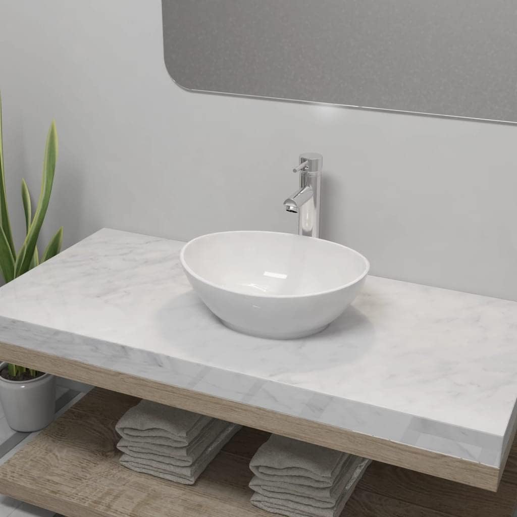 WIFESE Bad-Waschbecken mit Mischbatterie Keramik Oval Weiss 40x33x13,5 CM Aufsatzwaschbecken Eckig B