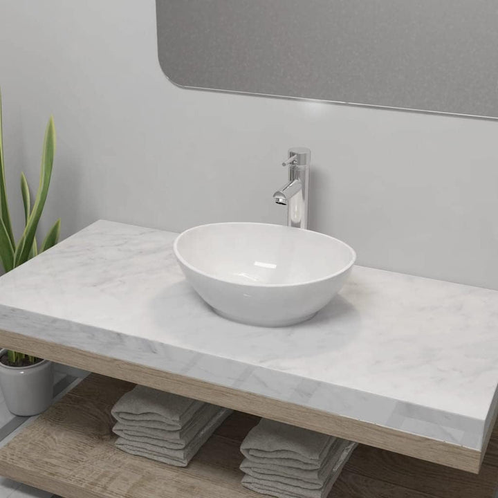 WIFESE Bad-Waschbecken mit Mischbatterie Keramik Oval Weiss 40x33x13,5 CM Aufsatzwaschbecken Eckig B