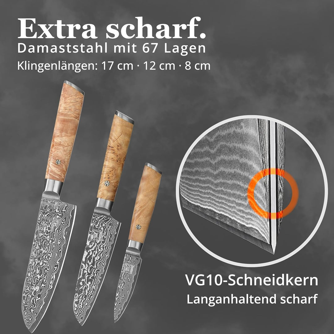 zayiko Kinone Premium 3er Damastmesser-Set mit 8-17 cm Klinge gefertigt aus 67 Lagen echtem Damastst