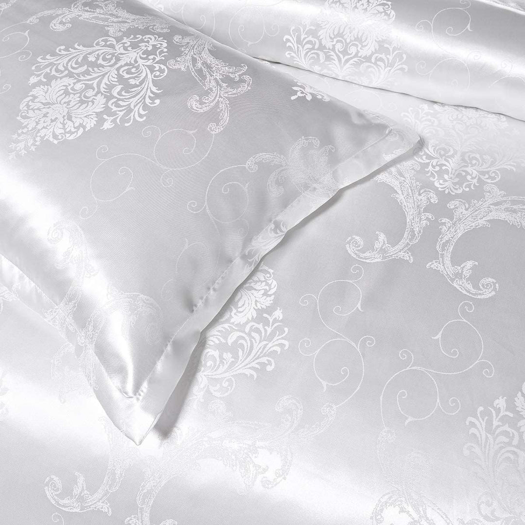DXHOME Seiden Bettwäsche Satin 155x220 cm 3teilig Weiss Jacquard Wendebettwäsche Seide mit Weiss Blu