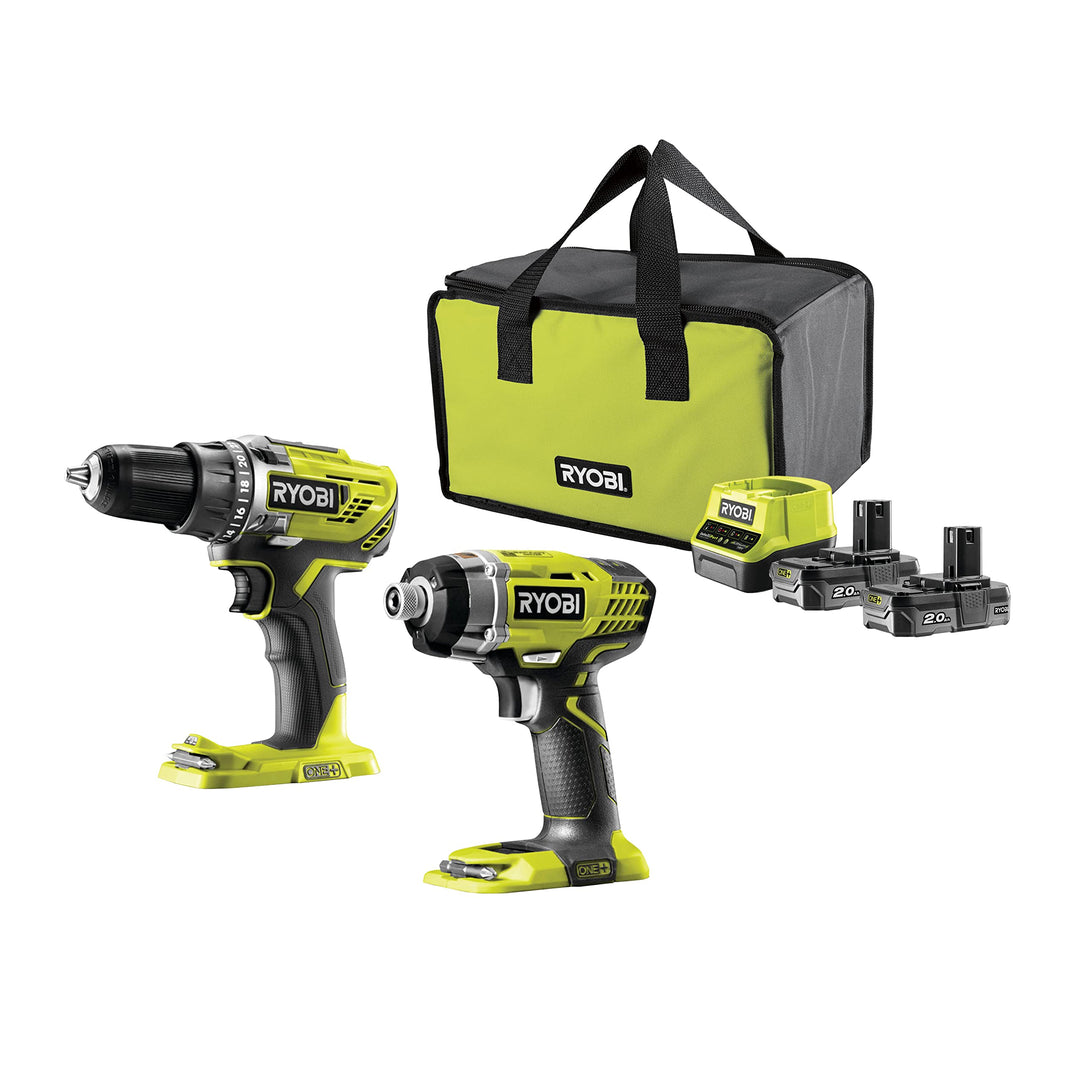 RYOBI - Duo ONE+ 18 V: Bohrschrauber + Schlagschrauber - Lieferung in Tragetasche mit 2 Akkus 2,0 Ah