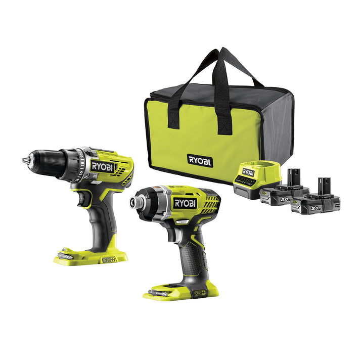 RYOBI - Duo ONE+ 18 V: Bohrschrauber + Schlagschrauber - Lieferung in Tragetasche mit 2 Akkus 2,0 Ah