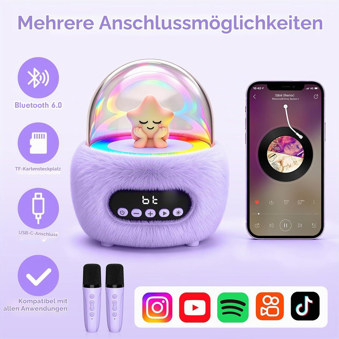 Karaoke Maschine mit 2 Bluetooth Mikrofonen für Kinder 3-8 Jahre | Tragbar, Sichere 85dB Lautstärke,