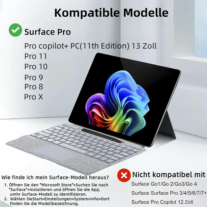 Deutsche QWERTZ Layout Tastatur für Microsoft Surface Pro 11/10 / 9/8 / X, 13 Zoll - Ultraflaches, b