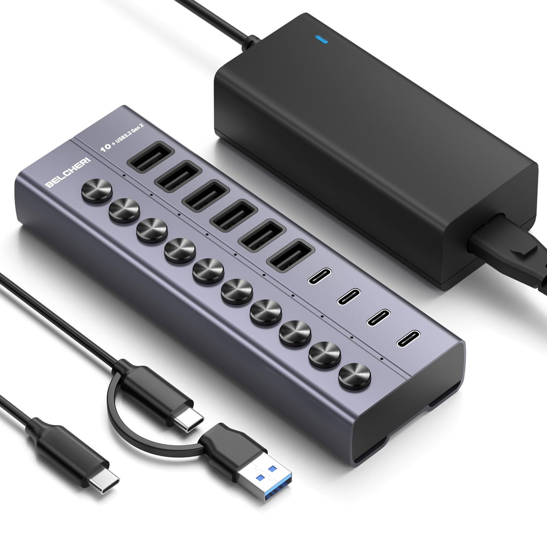 USB Hub mit Netzteil, 10-Port USB 3.2 Gen 2 10Gbit/s Aktiv Hub, Vollaluminium mit 60W (12V 5A) Power