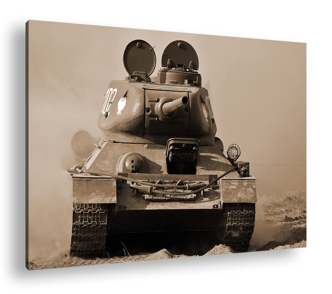 deyoli Panzer im Einsatz Effekt: Sepia Format: 80x60 als Leinwandbild, Motiv fertig gerahmt auf Echt