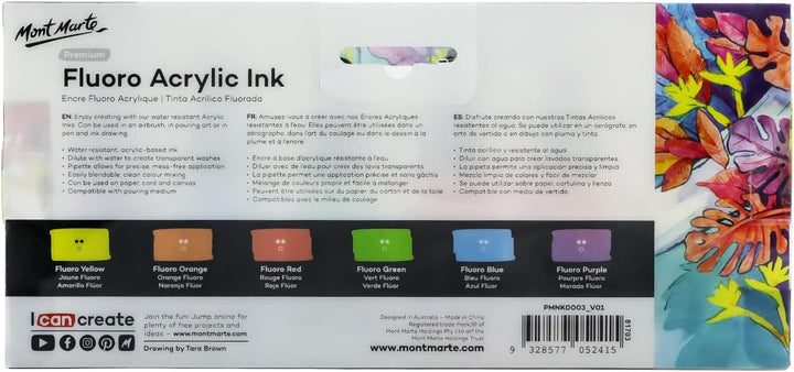 Mont Marte Acryltusche Superior, 6pc x 20ml, Fluoro-Acryl-Tinten Farben, Für feine Details und Farbw