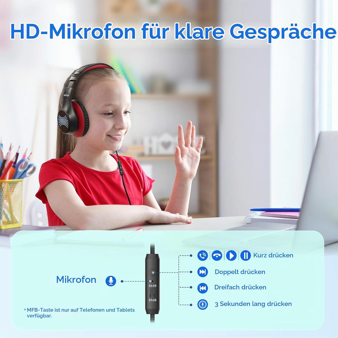 EarFun Kinder Kopfhörer mit LED-Leuchten, USB-C Kabel, 85dB Lautstärkenbegrenzer, HD-Mikrofon, Faltb