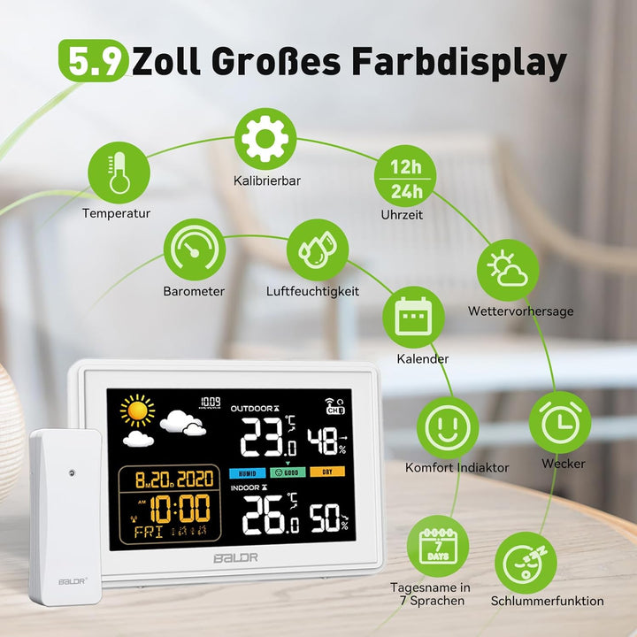 Konsen Wetterstation funk mit Aussensensor DCF Funkuhr, Farbdisplay mit grossen Zahlen von Innen und