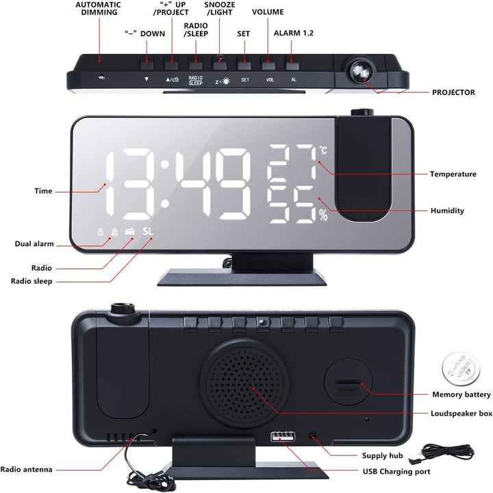 Projektionswecker, Radiowecker Digitaler Wecker mit FM-Radio, 7" LED Spiegelbildschirm, Dual-Alarm m