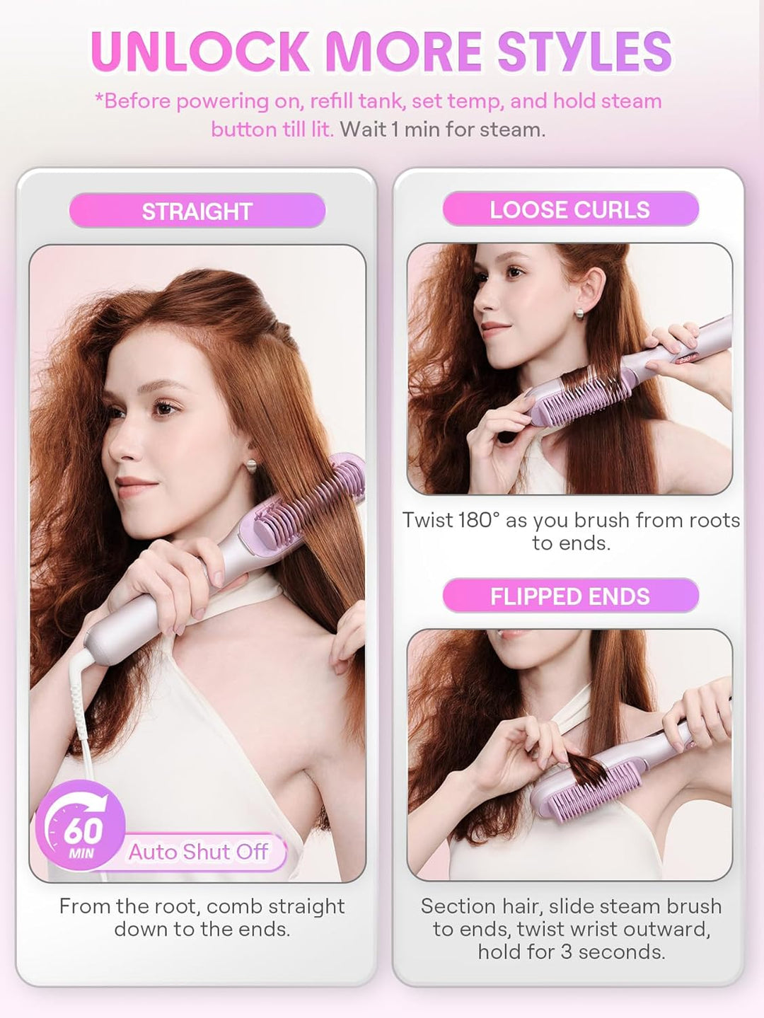 SHEGLAM Dampf-Glättbürste, 3-in-1 Dampf-Heizkamm | Verbrühungssicherer Nano-Dampf, 3 Einstellbare Da