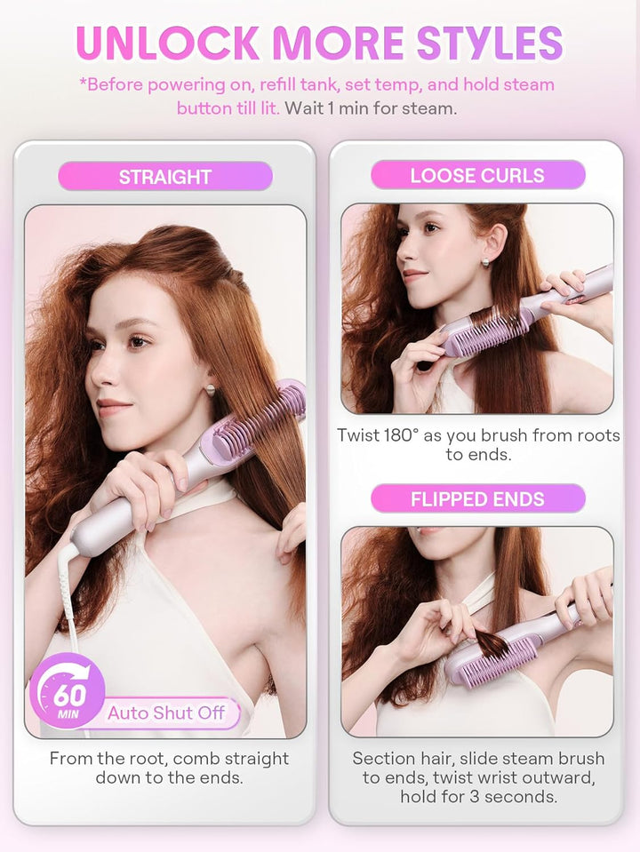 SHEGLAM Dampf-Glättbürste, 3-in-1 Dampf-Heizkamm | Verbrühungssicherer Nano-Dampf, 3 Einstellbare Da