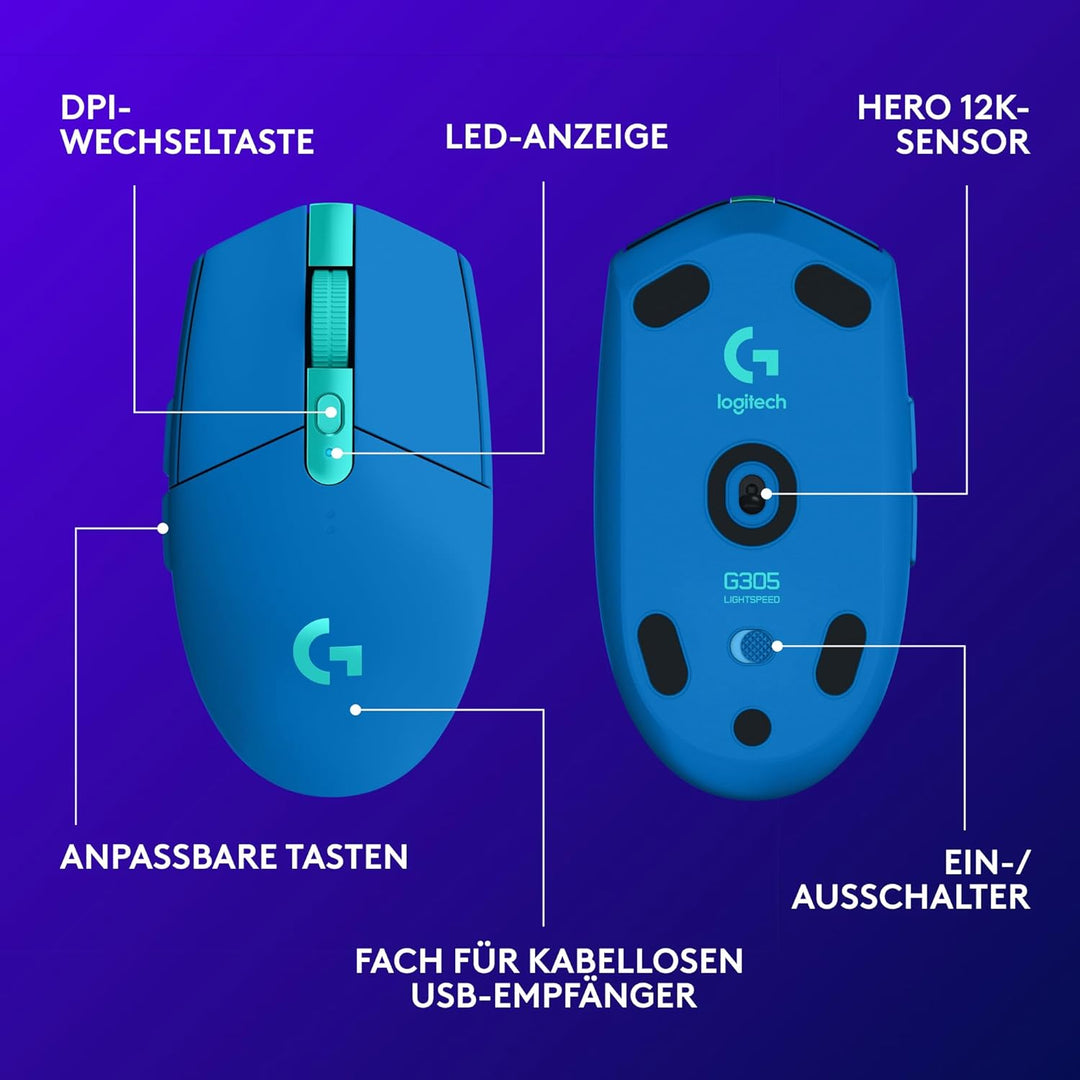 Logitech G305 LIGHTSPEED kabellose Gaming-Maus mit HERO 12K DPI Sensor, Wireless Verbindung, 6 progr