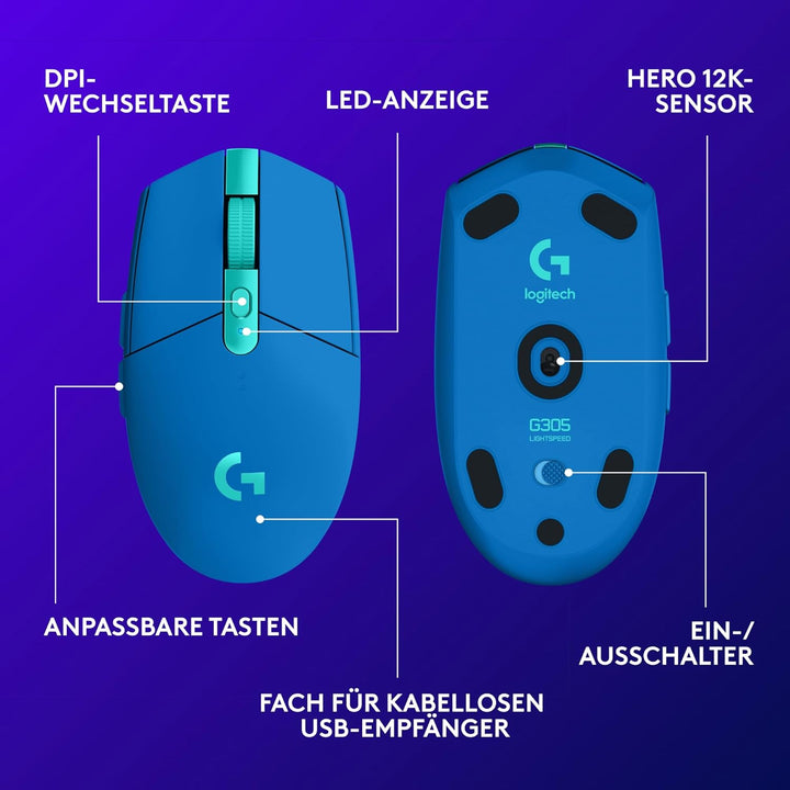 Logitech G305 LIGHTSPEED kabellose Gaming-Maus mit HERO 12K DPI Sensor, Wireless Verbindung, 6 progr