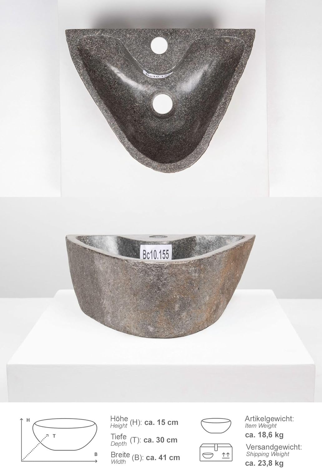 40 cm oval Naturstein-Waschbecken Flussstein Findling Granit Becken Stein-Aufsatzwascbecken Bad Gäst