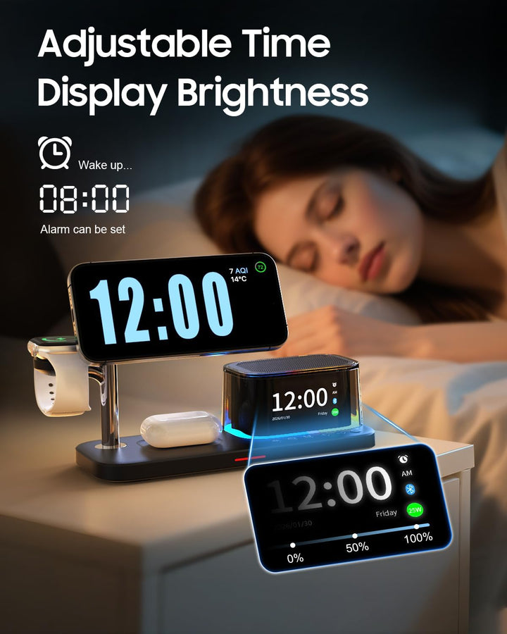 7-in-1 kabelloses Ladegerät, Bluetooth-Lautsprecher mit Wecker, 25W Handy-Schnellladung, Stimmungsli