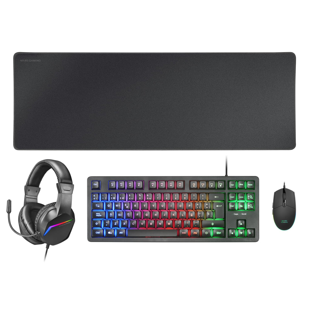 MARSGAMING MCP-RGB3, Pack Gaming Tastatur Fixed RGB + Gaming Maus RGB Flow 3200 DPI + Headset Over-E