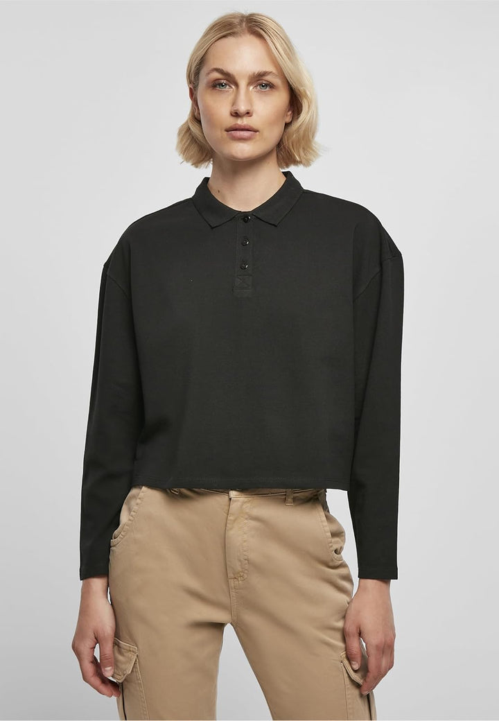 Urban Classics Damen Ladies Short Oversized Polo Longsleeve XXL Schwarz, XXL Schwarz