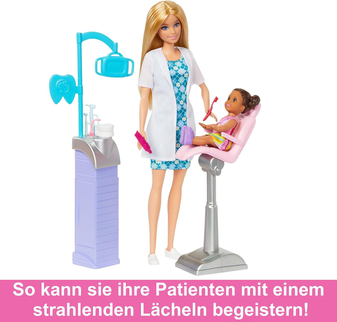 BARBIE Zahnärztin-Puppe - Zahnarztpraxis-Spielset mit 2 Puppen, Behandlungsstuhl, Instrumentenwagen