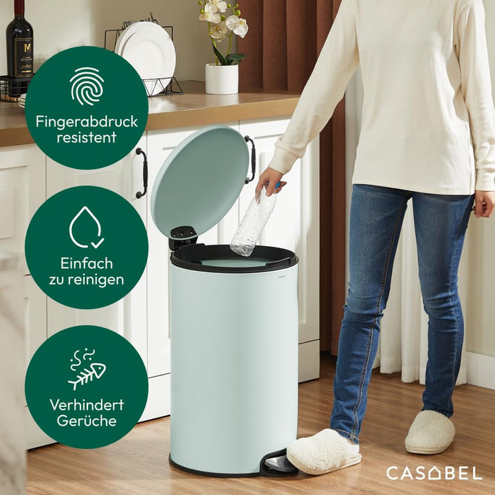 CASABEL runder Küchenabfalleimer 50L, Edelstahl, Mintgrün | Pedalöffnung, Soft-Close, fingerabdruckr