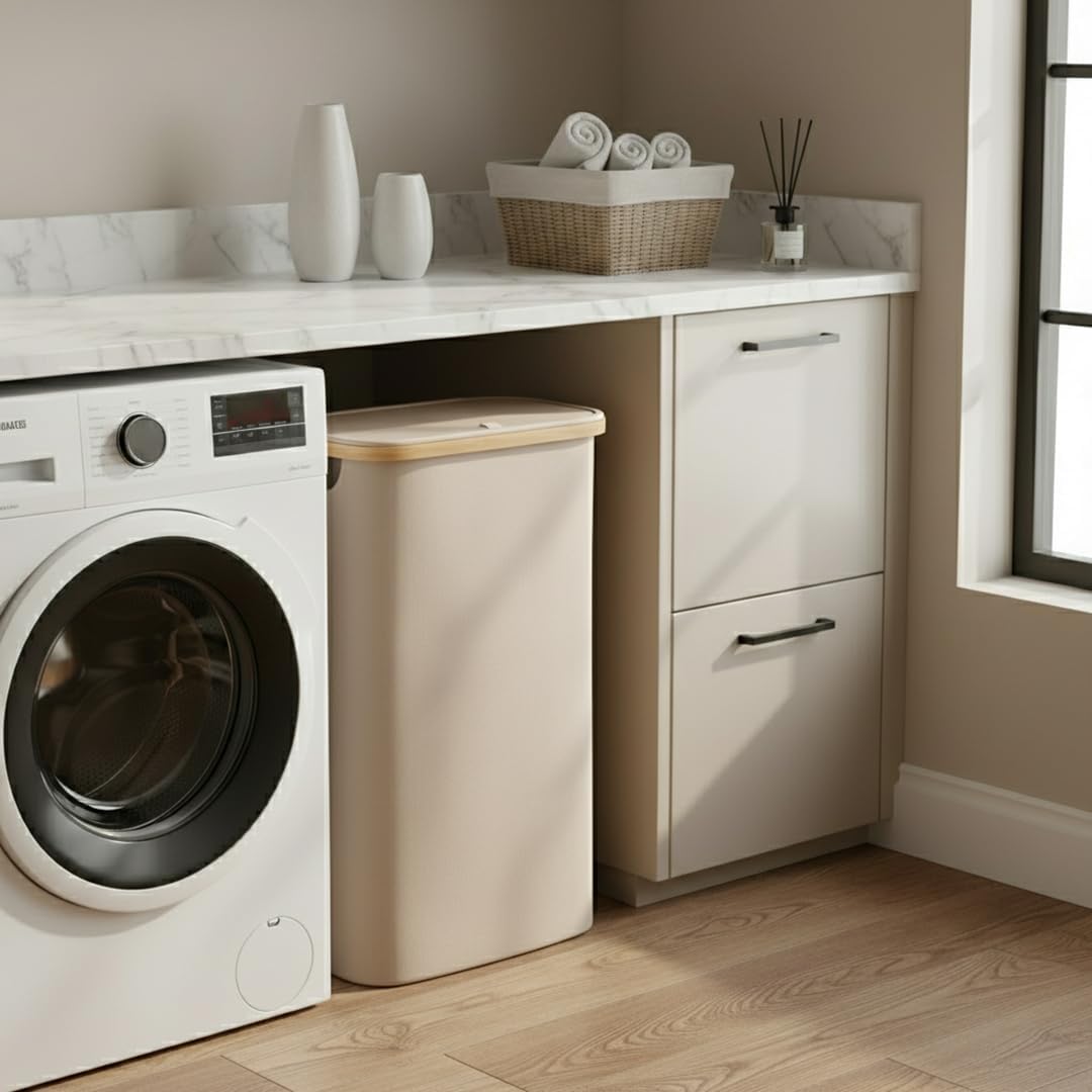 Bellamio Tolt Wäschekorb, Beige, schmaler Wäschesammler 65 L mit Deckel | Wäschesammelbox aus Oxford