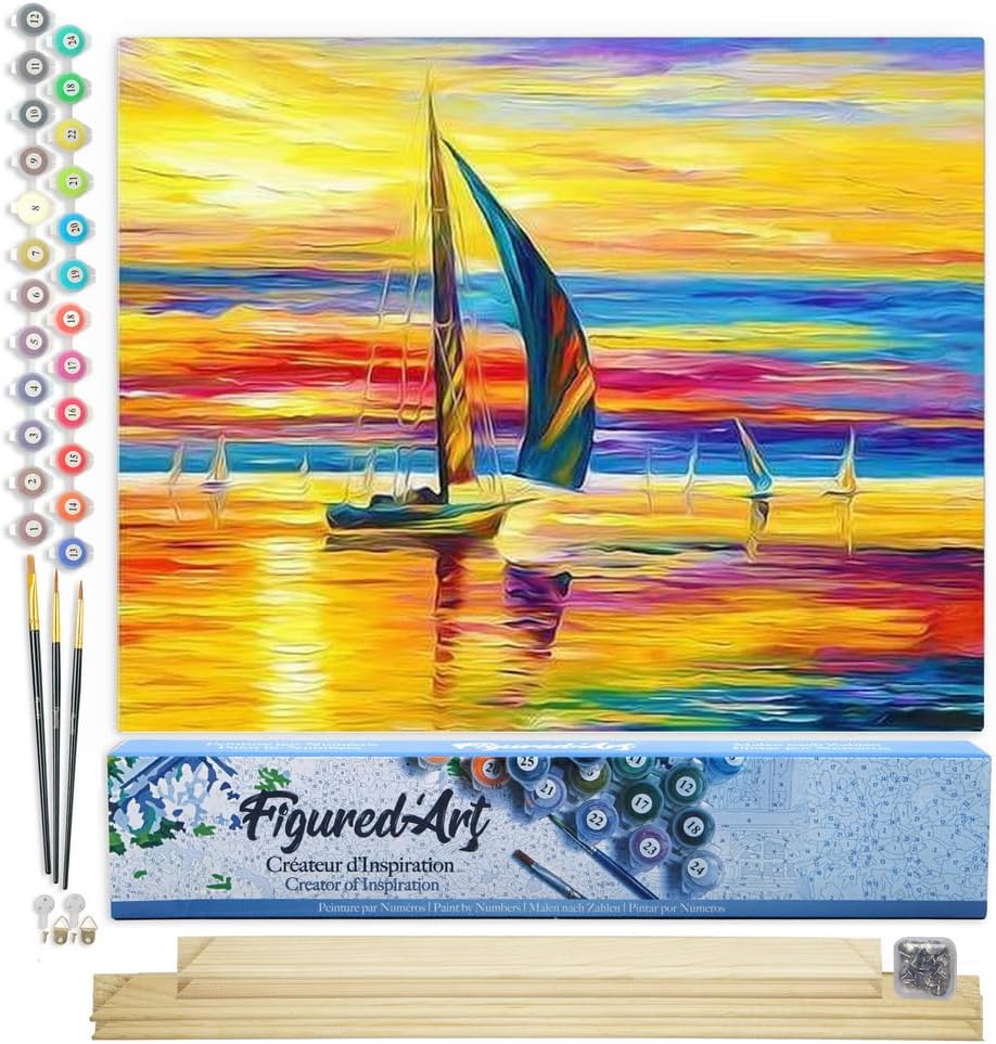 Figured'Art Malen Nach Zahlen Erwachsene Mit Rahmen Meeresufer und Sonnenuntergang - Paint by Number