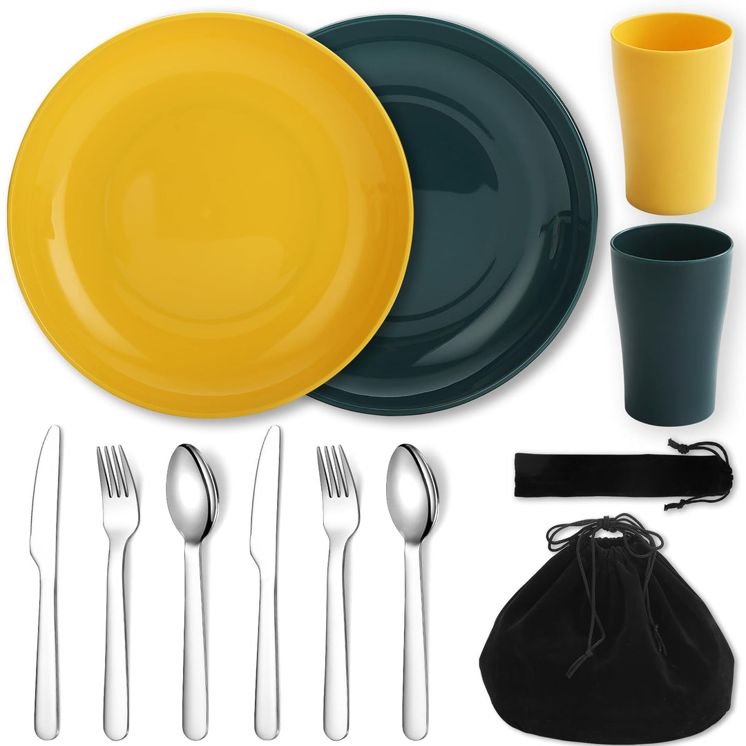 Evanda Camping Besteck Set 10 teilig, wiederverwendbarer leichter Becher, Teller und Edelstahlbestec