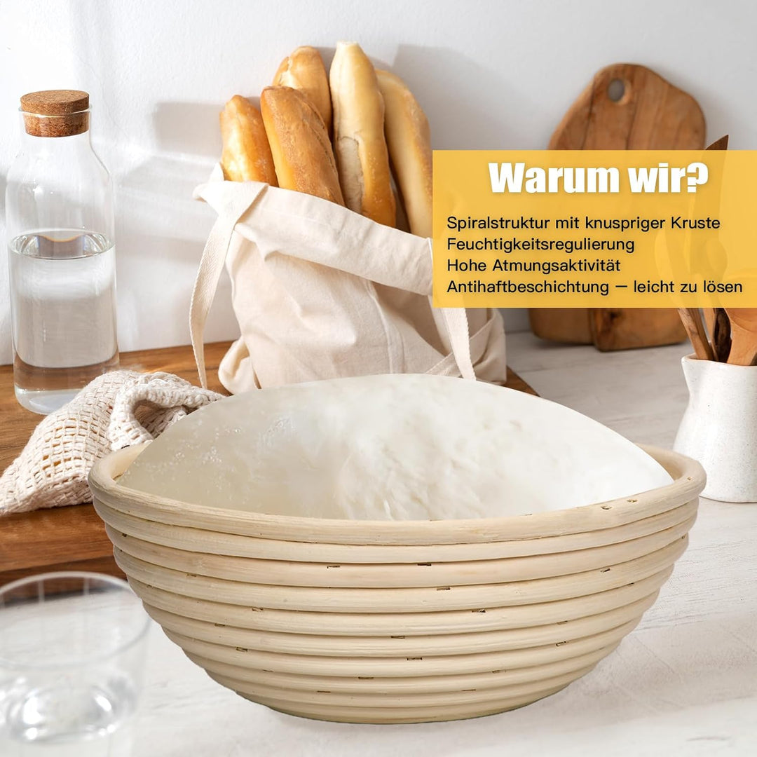 Gärkörbchen Set 3-teilig (23cm) rund, aus hochwertigem Rattan mit Leinen-Einsätzen – Sauerteig Gärko
