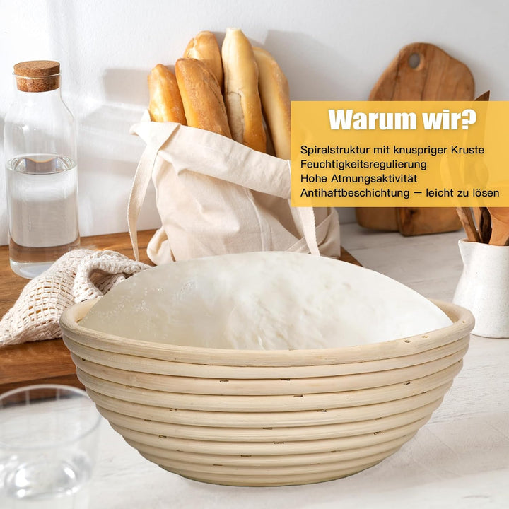 Gärkörbchen Set 3-teilig (23cm) rund, aus hochwertigem Rattan mit Leinen-Einsätzen – Sauerteig Gärko