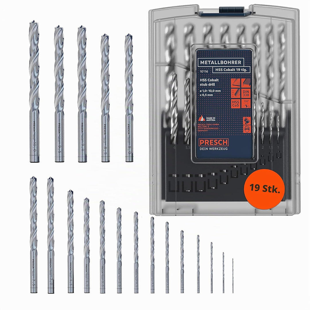 Presch Metallbohrer Set HSS Cobalt 19-tlg - Edelstahl Bohrersatz - Hochwertiges Bohrer Set für Metal