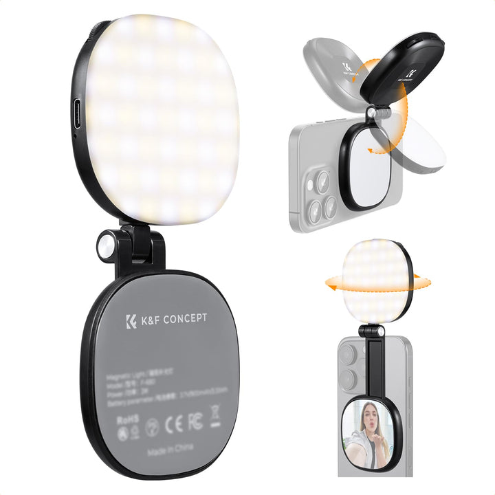 K&F CONCEPT Magnetische Selfie Licht mit Spiegel, 900mah Handy Ringlicht kompatibel mit iPhone Magsa