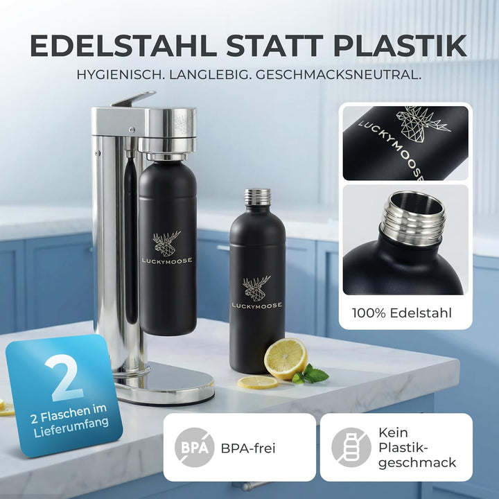 Luckymoose Infinity-S Wassersprudler aus hochwertigem Edelstahl (Silver/Black) – inkl. 2x 1,25L Edel