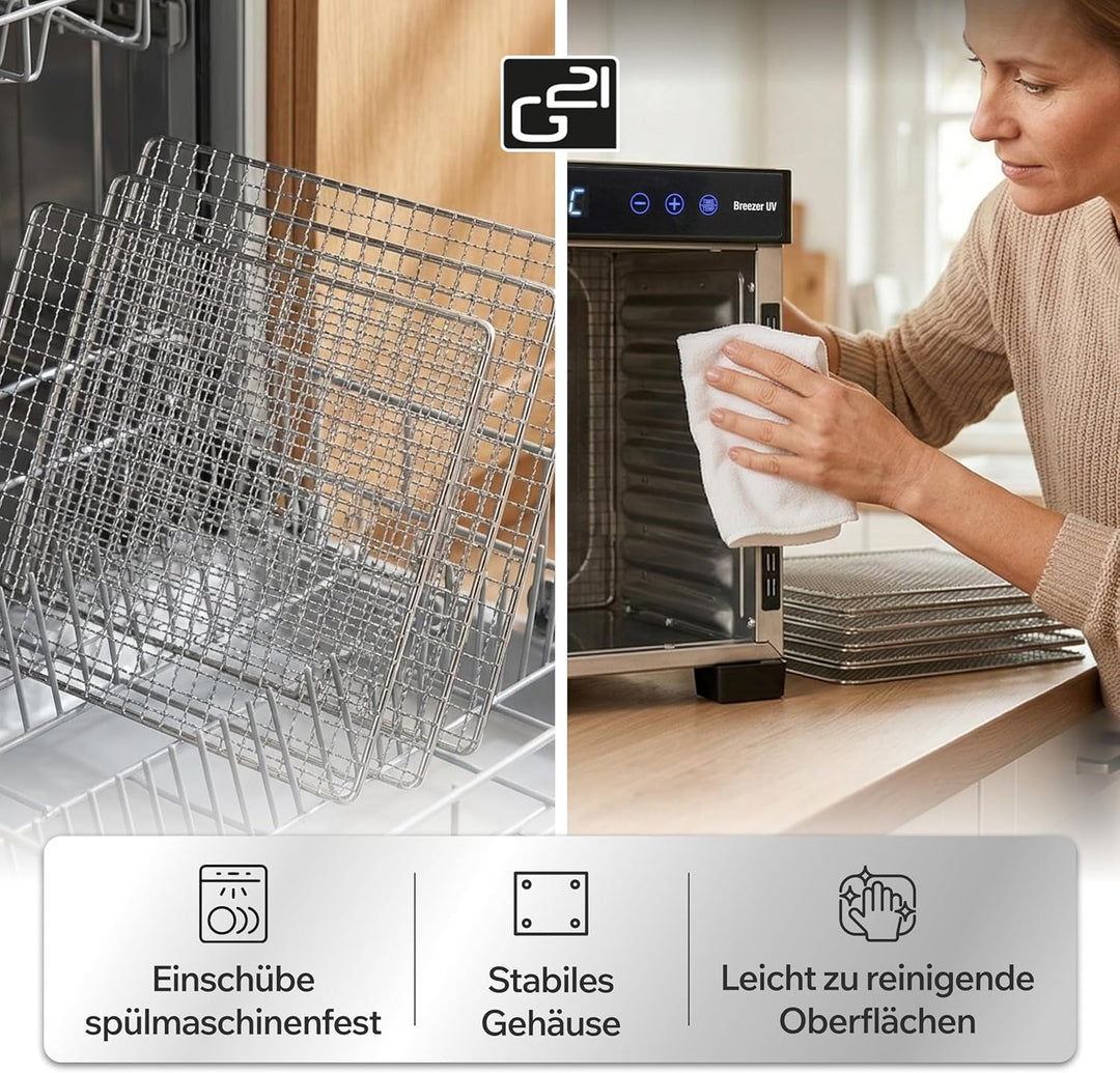 Dörrautomat/Obsttrockner G21 Breezer mit UV-Funktion, Edelstahl, 650 W, Zeitschaltuhr, 6 Trockenplat