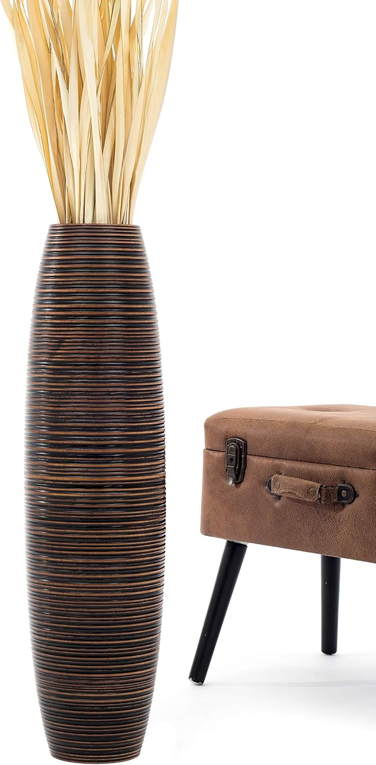 Leewadee Grosse Bodenvase für Dekozweige hohe Standvase Design Holzvase, Holz, 70 cm, Braun 70 cm Br