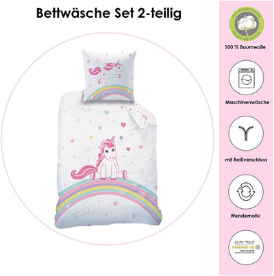 Familando Einhorn Bettwäsche Set 2tlg. | 135 x 200 cm 80 x 80 cm | 100% Baumwolle mit Reissverschlus