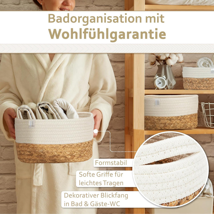 NORDIS DESIGN Aufbewahrungskörbe 3er Set aus Wasserhyazinthe und Baumwolle, Bad Aufbewahrungskorb ge