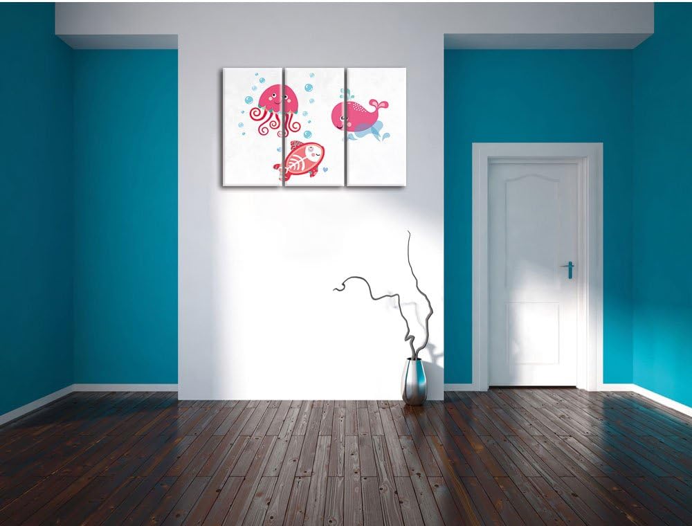 Pixxprint und verspielte Unterwasser Tiere als Leinwandbild/Grösse: 3 Teilig (120x80) cm/Wandbild/Ku