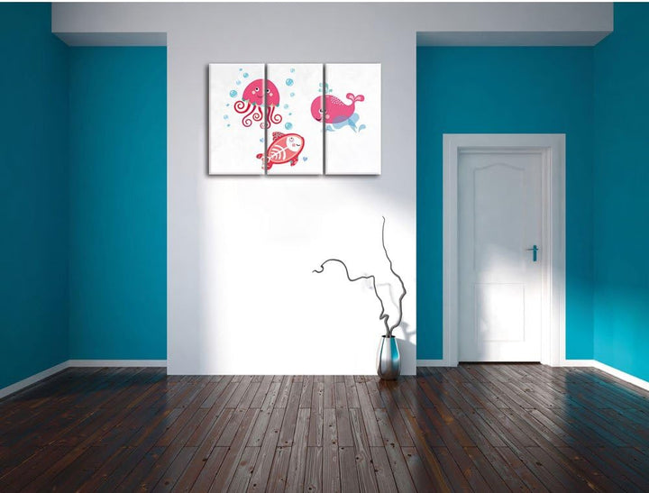 Pixxprint und verspielte Unterwasser Tiere als Leinwandbild/Grösse: 3 Teilig (120x80) cm/Wandbild/Ku