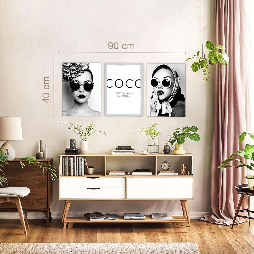 Novart Wandbilder Set Coco Fashion - KOMPLETT AUFHÄNGFERTIG - Wohnzimmer Mädchen Teenager Deko - 3 M