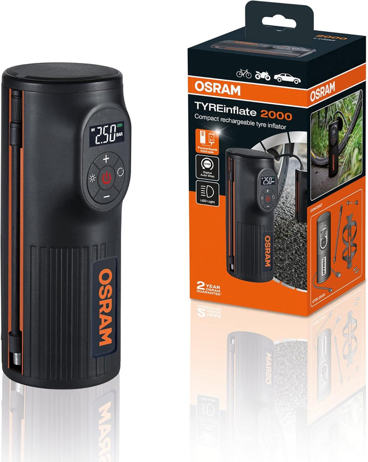 OSRAM TYREinflate 2000, kompakte wiederaufladbare Reifenpumpe mit LED Licht, tragbarer Kompressor fü