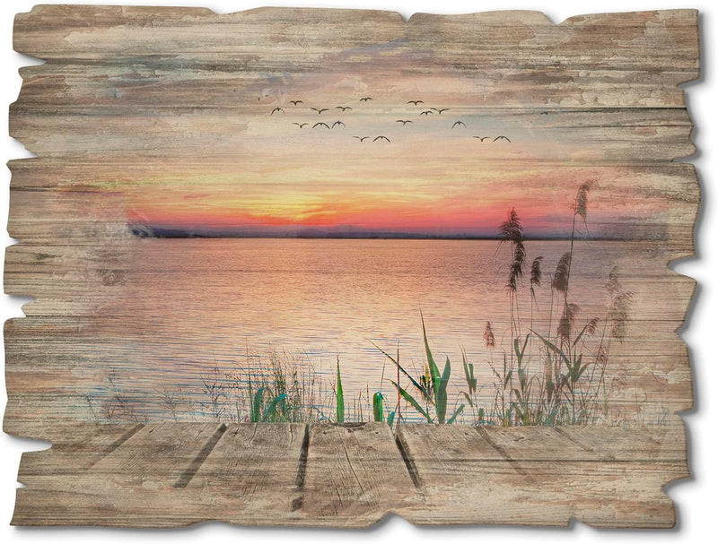 ARTland Wandbild aus Holz Shabby Chic Holzbild rechteckig 40x30 cm Querformat See Ufer Küste Steg So