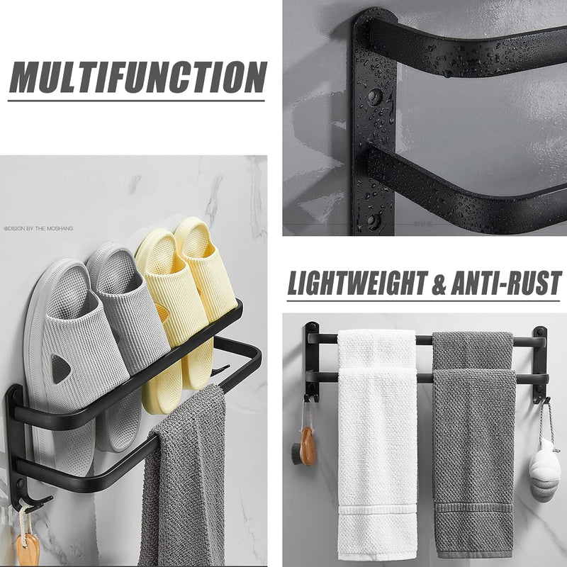 Badezimmer Handtuchhalter, Handtuchregal Schwarz Matt Handtuchstange mit Handtuchhaltern und Haken-D