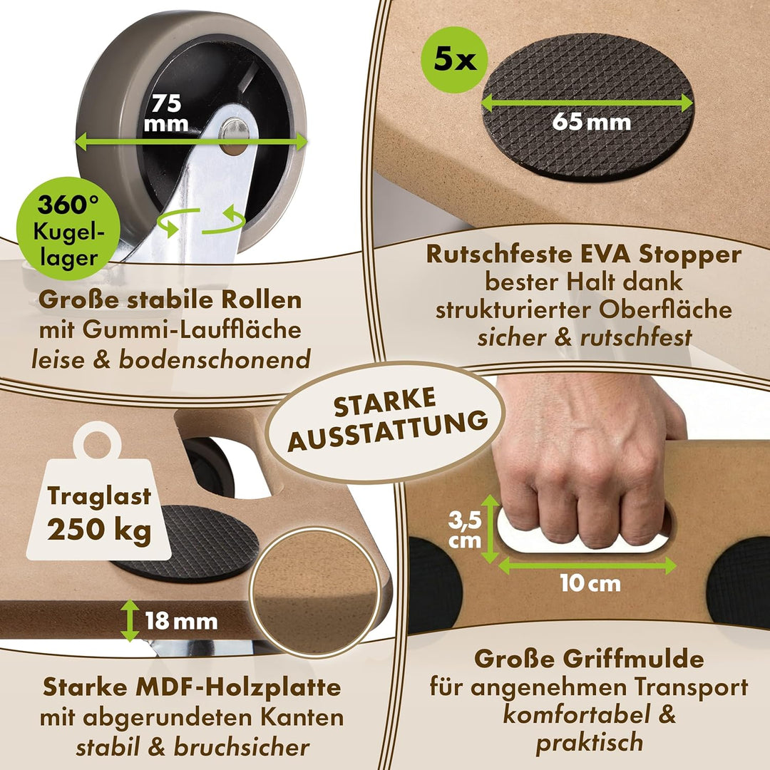 TTL Home Möbelroller Scooter 58x30x11cm - 250kg Traglast Rollbrett & Transportroller mit 360° Gummi