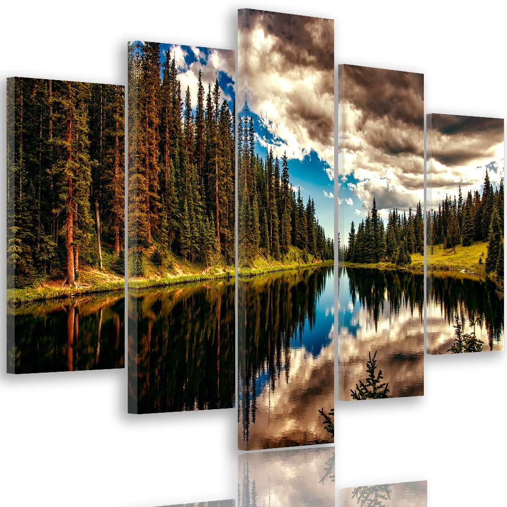 Bilder Landschaft 250x120 cm - Leinwandbild 5 Teilig XXL Kunstdruck See Wald blau Leinwandbild XXL 2