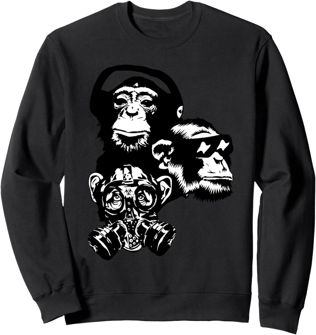 Drei Weise Affen Kopfhörer Gasmaske Schlafmaske Lustiges Sweatshirt