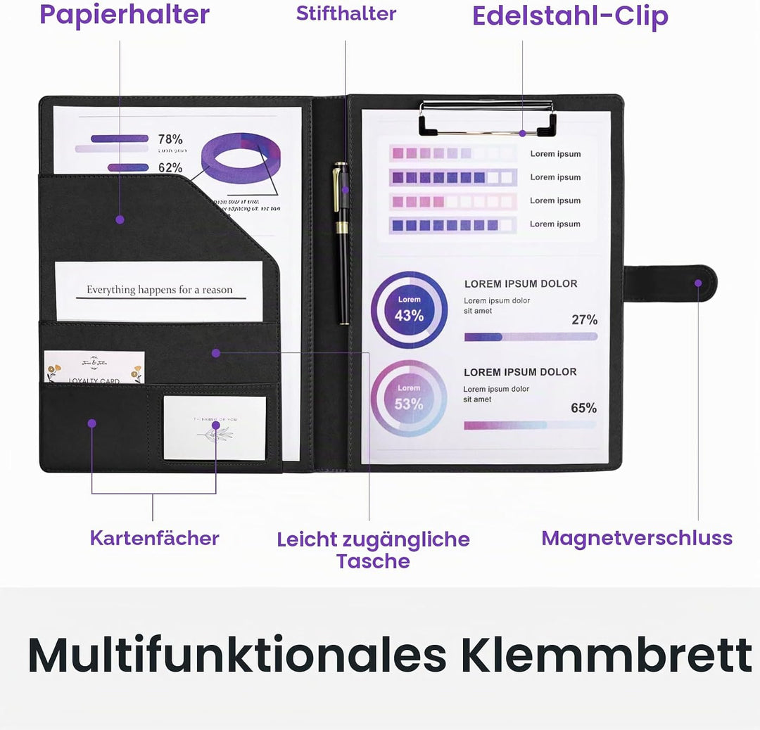 A4 Schreibmappe Klemmbrett, Klemmbrettmappe A4 mit Deckel, Dokumentenfächern, Stiftehalter, und Magn